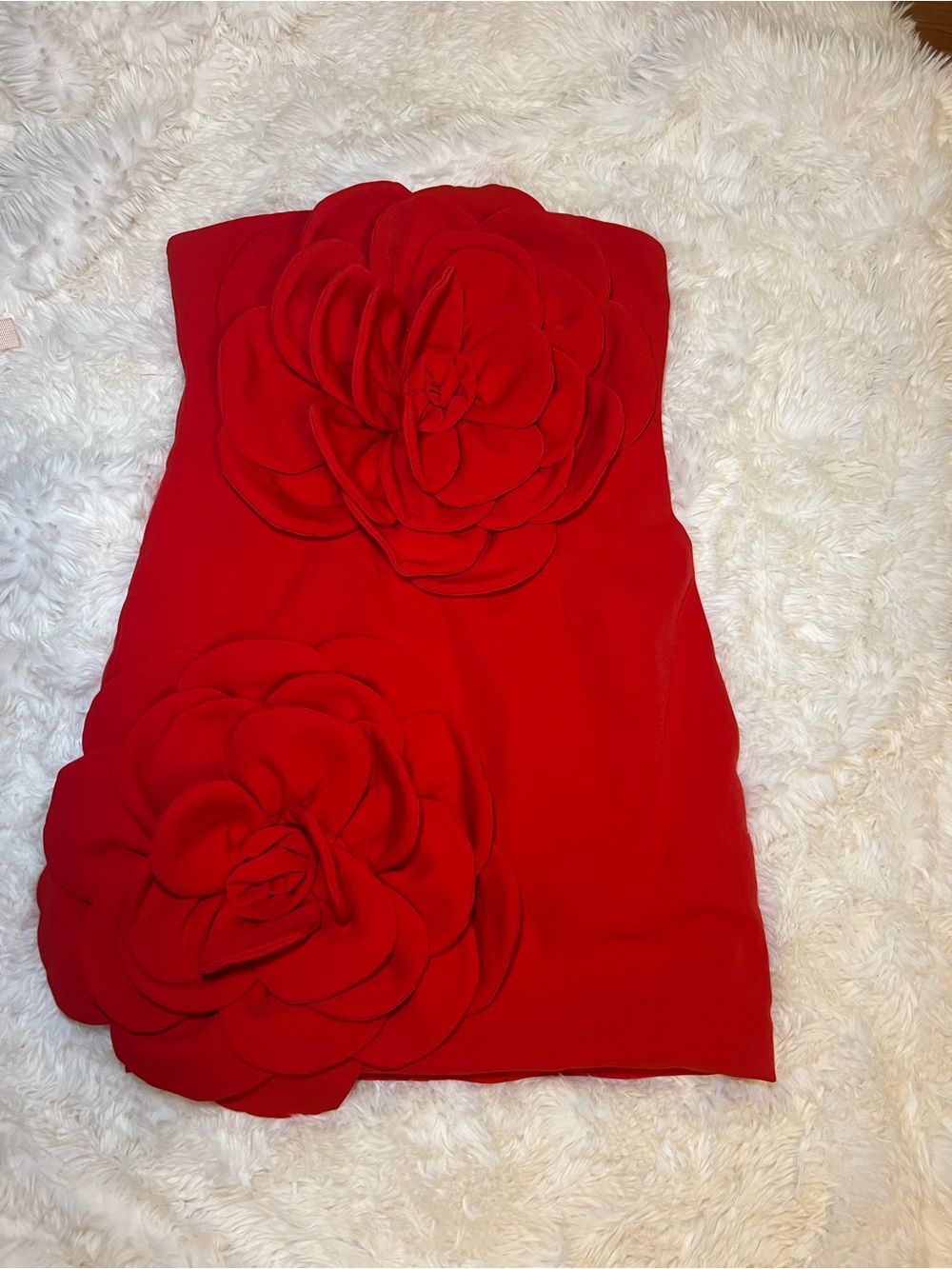 Red Strapless Dress with 3D Floral Appliqués